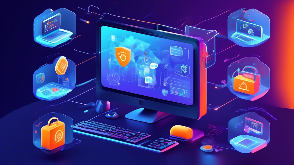 Generate an image showing a modern computer screen with the Avast Internet Security 2022 interface open. Highlight various security features such as virus scan, firewall, VPN, and web shield. Include a futuristic, high-tech background emphasizing cybersecurity themes, featuring icons and graphics depicting protection and digital safety.