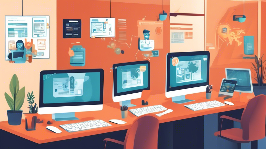 Create an illustration of a small business office environment where employees are actively engaging in internet security practices. Include visual elements such as computers with secure login screens, employees using strong passwords, a manager conducting a cybersecurity training session, and visible signs or posters that emphasize key internet security tips (e.g., Use Strong Passwords, Beware of Phishing Emails, Keep Software Updated). The overall atmosphere should convey a proactive and secure approach to internet safety in a small business setting.