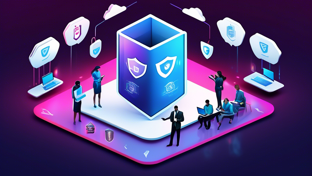 Create an image showing a digital shield protecting a diverse group of people using various devices like laptops, smartphones, and tablets. The shield is branded with the McAfee logo and emits a glowing, protective aura. In the background, a safe and secure internet landscape is depicted with symbols of security such as locks, checkmarks, and encrypted data.