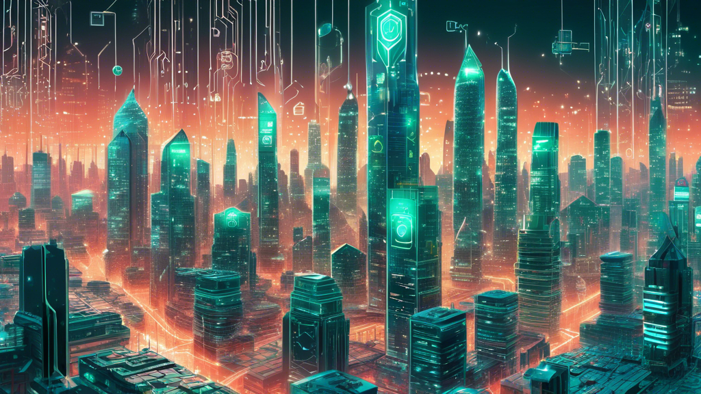 A digital illustration of a futuristic cityscape representing the digital world, with towering skyscrapers made of computer chips and circuit boards. In the foreground, a powerful, shimmering forcefield with the Kaspersky logo acts as a protective barrier, deflecting malware, phishing attempts, and cyber threats attempting to breach the city's defenses. A diverse group of individuals and families confidently using their devices—laptops, tablets, smartphones—within the safety of the city, symbolizing Kaspersky Total Internet Security safeguarding their digital environment.