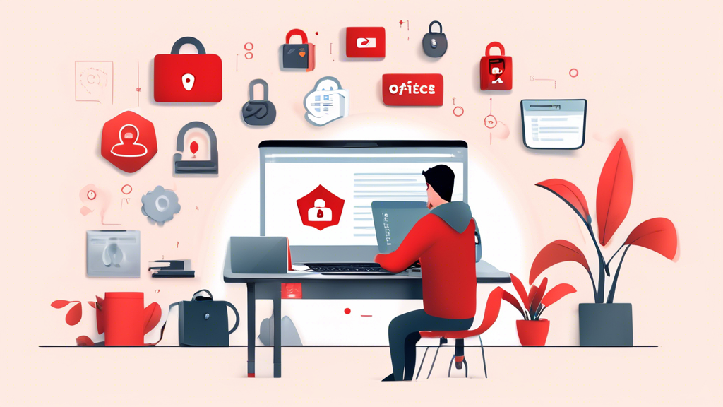 Create an image of a person using a laptop at a cozy desk, showcasing the LastPass logo on their screen. Surround them with digital icons of locks, shields, and keyholes symbolizing data security. The background should include a bookshelf with guides and handbooks titled 'Ultimate Guide to Online Security' and other relevant cybersecurity literature.