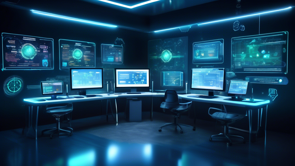 A high-tech futuristic workspace featuring multiple computer screens displaying various online virus scanning tools. Each screen shows different user-friendly interfaces with progress bars and malware detection metrics. Surrounding the monitors, holographic infographics and cybersecurity icons float in mid-air. The setting is well-lit, modern, and has a sleek, organized look with a prominent digital security theme.