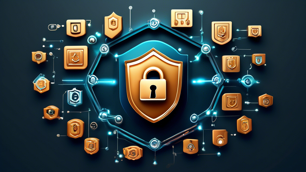 Create an image of a digital shield incorporating symbols of cybersecurity, such as locks, keys, and antivirus icons, with the AVG logo subtly integrated. The background should represent a digital environment with abstract technological elements to signify online security. Make it modern and professional to reflect the nature of a comprehensive guide.