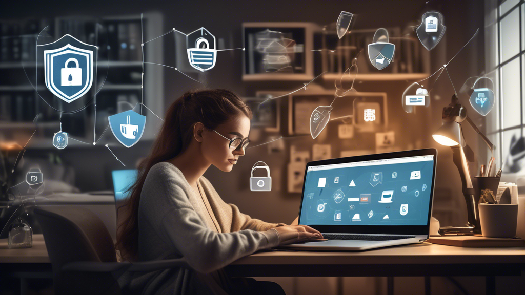 Create an image of a person using a laptop in a cozy home office setting, surrounded by digital security elements such as shields, padlocks, and antivirus icons floating around them. The background showcases a serene, organized workspace with Norton 360 Internet Security branding subtly incorporated into the scene. The overall atmosphere should convey a sense of safety, protection, and efficiency.