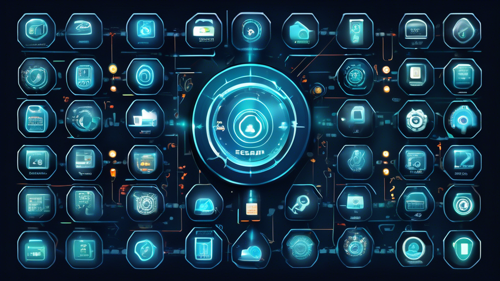 Create an image of a visually appealing, futuristic digital control panel displaying various Escan Internet Security packages. Each package is represented by different icons and labels, illustrating features such as firewall protection, antivirus, parental controls, and real-time scanning. The background should convey a sense of cybersecurity with elements like digital shields, padlocks, and binary codes. Include a diverse group of people, ranging from a business professional to a family with children, interacting with the panel as if choosing their ideal security package.