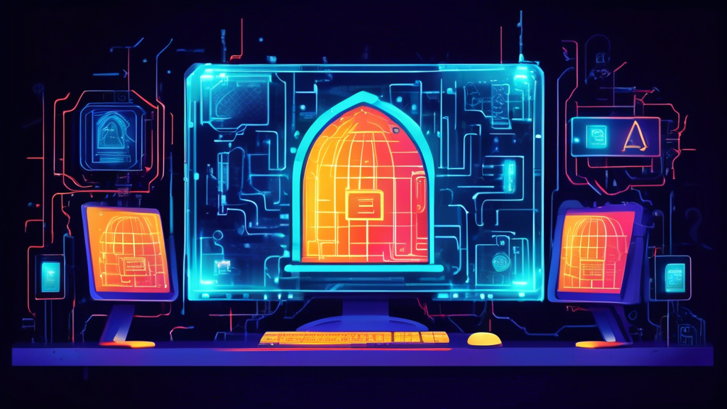 Create an illustration of a futuristic digital fortress protecting a computer screen, symbolizing advanced internet security. The fortress should have elements like firewalls, antivirus shields, and encryption symbols, all interconnected with vibrant digital circuitry. The computer screen displays a Windows interface, emphasizing the theme of safeguarding personal information and enhancing online safety. The background should feature a network of glowing data streams, highlighting the concept of secure internet surfing.