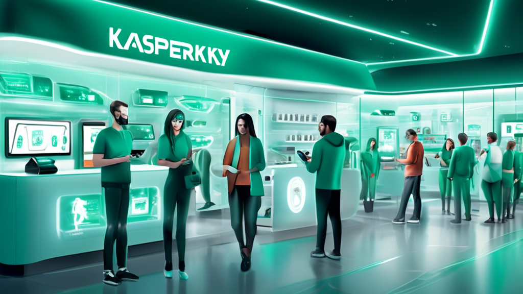 Create an illustration of a futuristic, sleek retail store named Kaspersky Shop, where high-tech security gadgets and software are prominently displayed. The interior should feature digital kiosks with interactive screens showing cybersecurity solutions, and shelves lined with futuristic devices like smart locks and encrypted routers. Customers, depicted as diverse individuals, are actively engaging with the technology, with some wearing augmented reality glasses to learn more about the products. The atmosphere should be welcoming and innovative, reflecting a cutting-edge approach to cybersecurity.