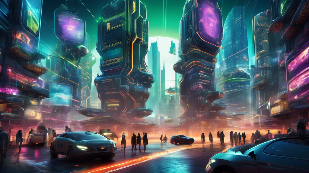 Create an image of a futuristic digital landscape, where a giant, technologically advanced shield envelops a bustling city of interconnected devices. The shield, labeled Webroot SecureAnywhere Internet Security, glows with vibrant colors as it deflects digital threats represented by ominous, shadowy figures trying to infiltrate. The city below is thriving with various interconnected gadgets like smartphones, laptops, and smart home devices, all seemingly protected and operating smoothly within the security shield. The setting should convey a sense of safety, protection, and innovation in the digital world.