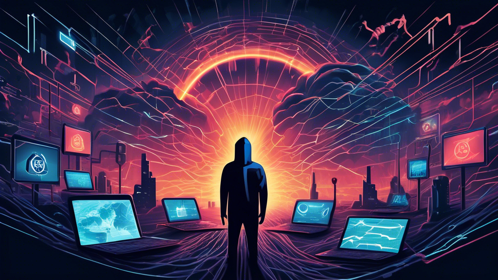 Create a detailed and futuristic illustration depicting the top internet security threats of 2023. The scene should feature an abstract digital landscape with elements representing various cyber threats: a dark, shadowy figure symbolizing hackers, complex networks of data streams illustrating data breaches, and ominous clouds with lightning bolts representing ransomware attacks. Include visual metaphors for phishing, such as hooks or bait within the network, and swirling virtual viruses in the form of ominous, glowing orbs. Integrate these symbols in a way that conveys a sense of vigilance and the need for cybersecurity awareness. Overall, the image should convey a high-tech, digital world under threat, balanced by elements that imply ongoing protection efforts.