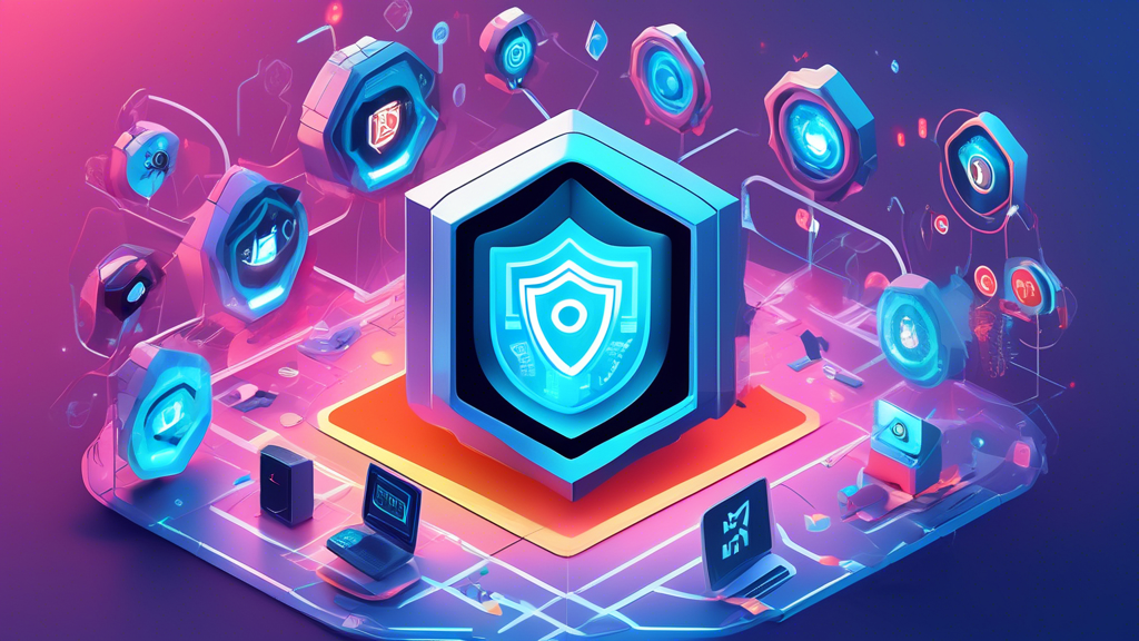 Create an image depicting a futuristic digital shield surrounded by various icons representing top online malware checker tools, set against a cybernetic landscape with abstract representations of viruses being scanned and neutralized. The scene should convey a sense of high-tech security and protection for digital devices.