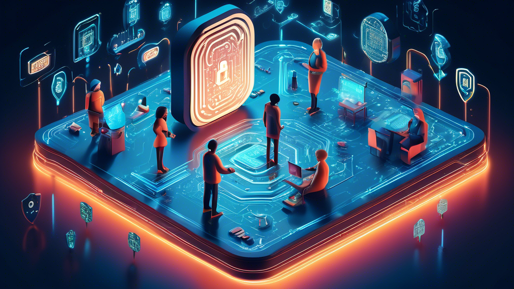 Create an illustration of a futuristic digital landscape filled with glowing circuit board patterns, where diverse people of different ages and backgrounds are engaging with technology safely. They are surrounded by symbolic icons of cybersecurity such as locks, shields, and keys, while a digital guardian figure watches over them, symbolizing protection in the digital world.