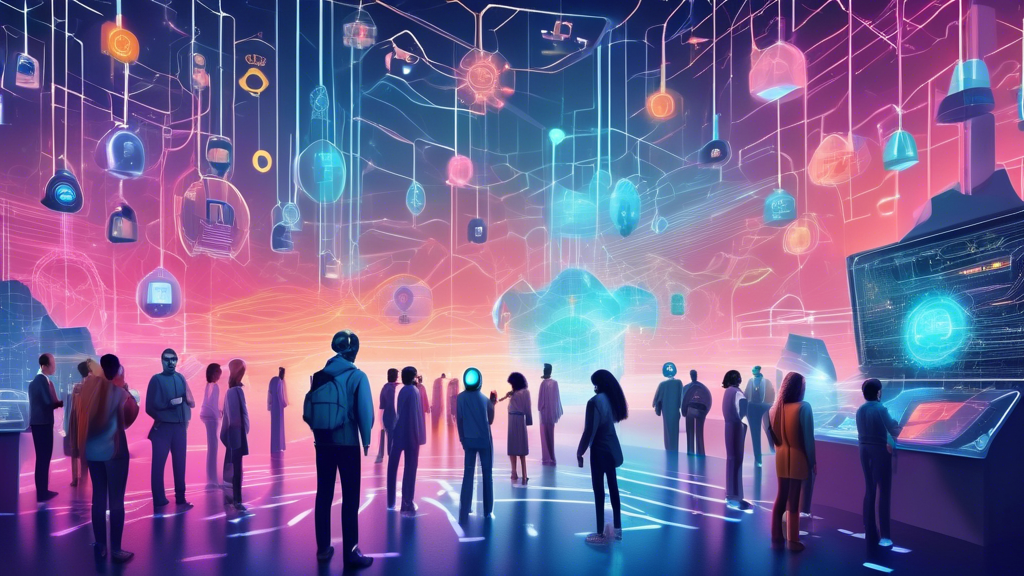 Create an image depicting a futuristic digital landscape where a diverse group of people, including engineers, researchers, and everyday users, are interacting with holographic cybersecurity elements like padlocks, shields, and encrypted codes. The environment should blend elements of virtual reality and advanced technology, symbolizing the protection and safeguarding of digital life. The atmosphere should feel secure and innovative, with a color scheme of blues and greens to represent trust and safety in the cyber world.