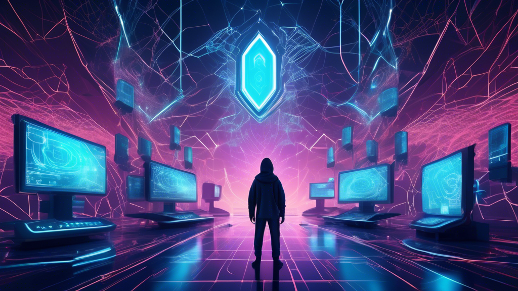 Create an image depicting a futuristic digital landscape with a vigilant guardian, symbolized by a large, translucent shield, protecting a network of interconnected devices. The setting should be illuminated with neon lights and digital patterns to represent the flow of information. Include various online threats, such as hacking symbols and digital viruses, attempting to breach the shield. This scene should evoke a sense of security and protection in the midst of potential online dangers, emphasizing the importance of cybersecurity in the digital age.