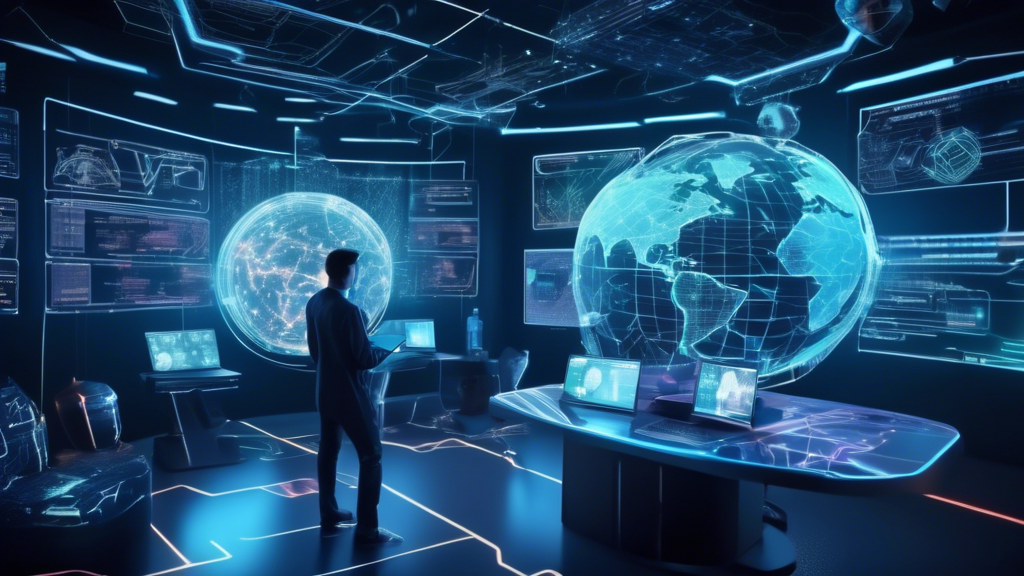 Create an image depicting a futuristic digital workspace focused on cybersecurity. The setting features holographic screens displaying complex data scans, code analysis, and malware anatomy illustrations. In the center, a tech-savvy individual interacts with this immersive environment, utilizing virtual tools to dissect and analyze malware. The background shows a globe with digital connections, symbolizing the online aspect of malware analysis. The overall aesthetic should be a blend of advanced technology and cybersecurity elements, highlighting the theme of understanding malware through an online lens.