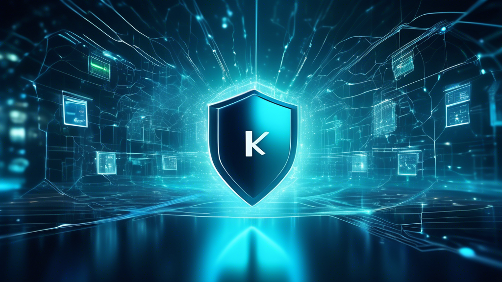 Create an image that portrays a futuristic digital landscape, where a user safely navigates the internet with a shield-like aura surrounding them, symbolizing the protection provided by Kaspersky Internet Security VPN. The scene should include interconnected data streams, glowing network nodes, and a virtual padlock, emphasizing enhanced online privacy in a cyber world. Use cool colors like blues and purples to represent a secure and technological atmosphere.