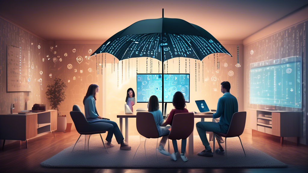 Create an image depicting a home setting where a family is gathered around a computer and various smart devices, all connected to Xfinity Internet. Above them, a digital umbrella made of binary code symbolizes protection and security. In the background, there are subtle visual elements representing cybersecurity, such as padlocks and shields, integrated into the wallpaper design. The atmosphere should convey a sense of safety, connectivity, and modern technology.