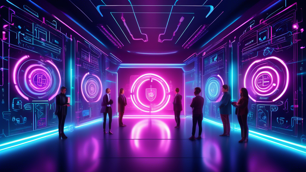 Create an image featuring a futuristic digital vault, glowing with neon lights, symbolizing the ultimate in online financial security. Surround the vault with various tech elements like encryption symbols, security codes, and firewalls. In the background, include a diverse group of tech-savvy individuals confidently using their devices, representing security-savvy individuals safeguarding their finances in the digital realm. The atmosphere should be one of empowerment and cutting-edge technology.