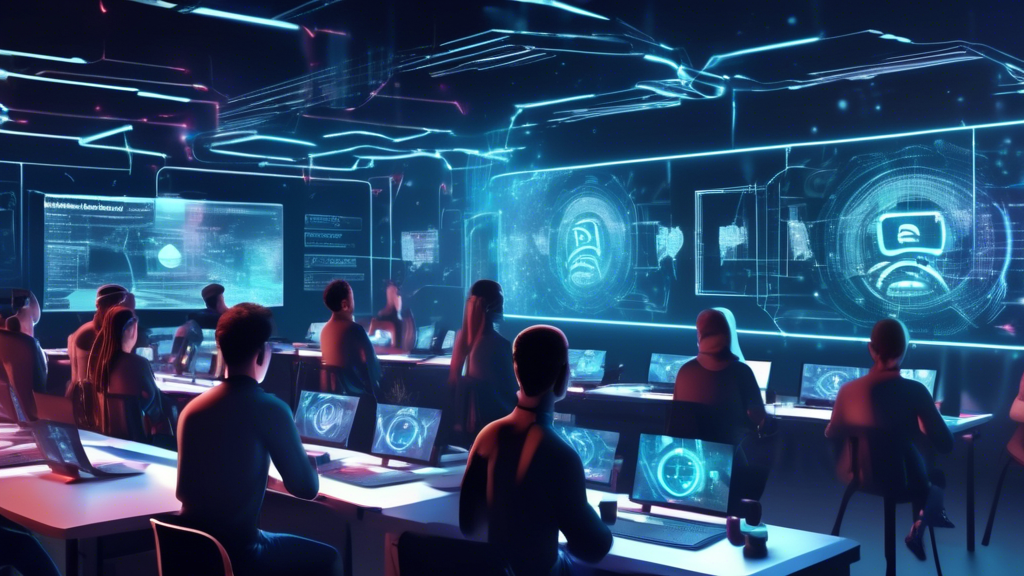 Create an image depicting a futuristic digital classroom setting where a diverse group of students are engaging in an online course about cybersecurity. The room is filled with holographic screens displaying the Metasploit logo, hacking tutorials, and computer code. The students are wearing augmented reality glasses and enthusiastically interacting with the digital content, suggesting a blend of technology and learning. The atmosphere is energetic and focused, symbolizing a new age of online education in cybersecurity.