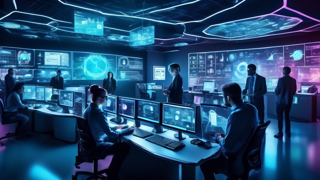 Create an image depicting a futuristic control room filled with high-tech displays and holograms showcasing various cutting-edge internet security products. The room is occupied by a diverse team of IT professionals who are analyzing data and monitoring security threats in real-time. The products are represented as glowing digital icons, each symbolizing tools like firewalls, antivirus software, VPNs, and encryption programs, interconnected by vibrant neon lines. The overall ambiance should convey a sense of advanced technology and robust protection, emphasizing the theme of ultimate internet security.