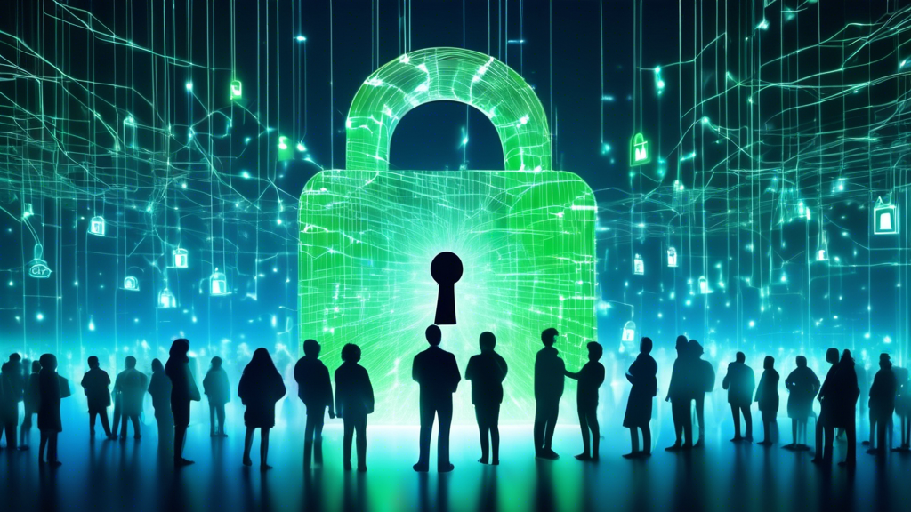 Create an image of a diverse group of people, including both experts and casual internet users, gathered around a large digital padlock symbol that hovers in the air. The backdrop features abstract representations of the internet, such as interconnected glowing lines and nodes. The scene is illuminated by a soft, blue and green light, symbolizing security and trust. Some individuals are pointing at the padlock while others are engaged in discussion, illustrating the theme of understanding SSL and secure internet connections.