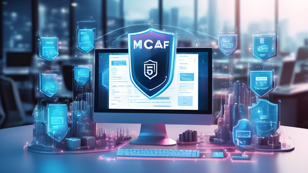 Create an image depicting a digital landscape, featuring a computer screen displaying a McAfee Internet Security interface, with price tags floating around it, highlighting the concept of cost in 2023. The background should include symbolic elements of cybersecurity, such as shields and digital locks, emphasizing protection and security in a modern, tech-oriented setting.