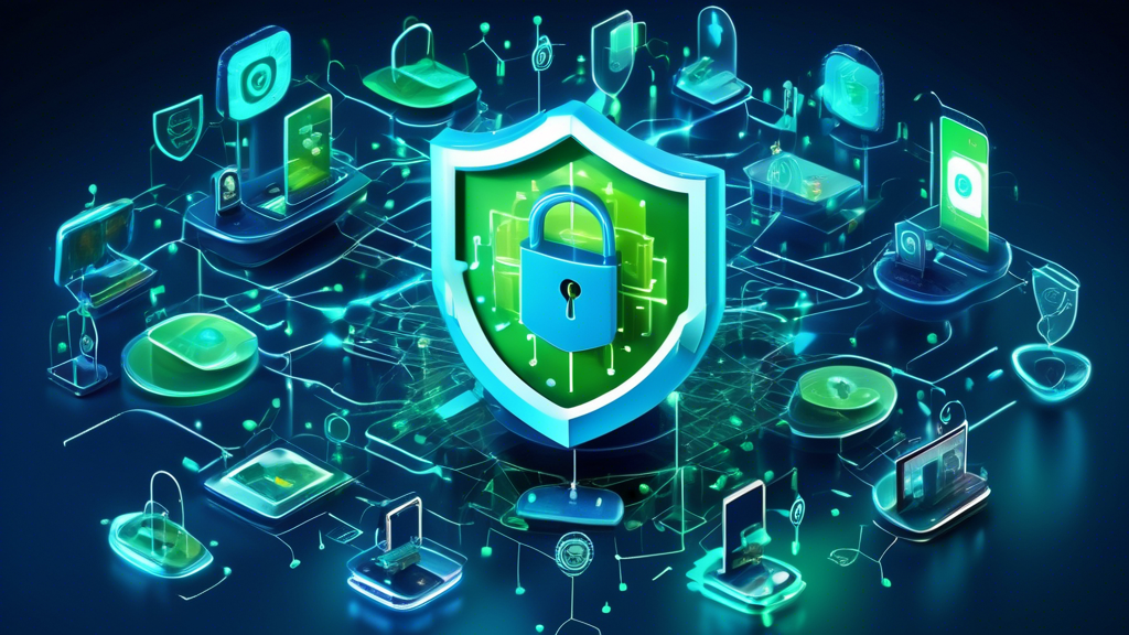 Create an image of a digital shield with a lock emblem, surrounded by abstract representations of malware like viruses, bugs, and phishing symbols. In the background, display a network of interconnected digital devices like smartphones and computers. Use a color scheme that conveys a sense of security and vigilance, with shades of blue and green to represent cyber protection.