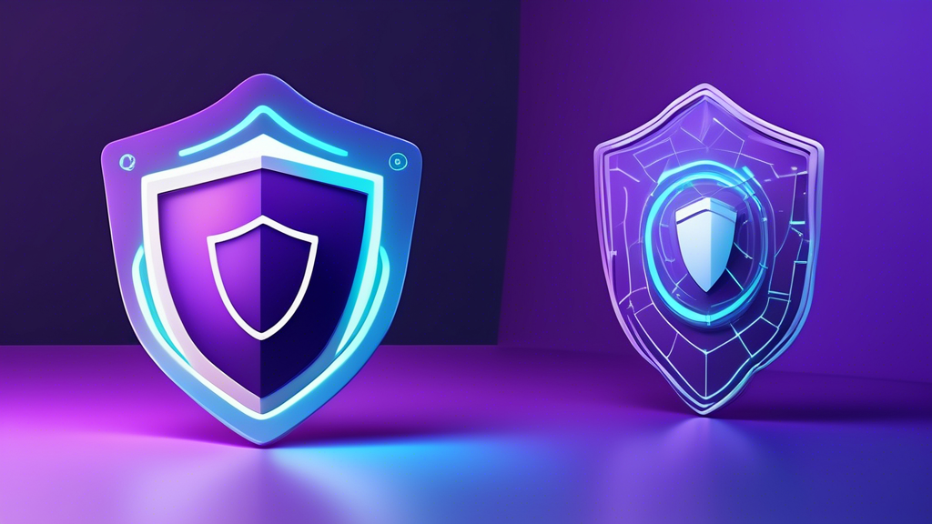 Create an image that visually represents the concept of TELUS Online Security Standard, featuring a digital shield in a futuristic, cybernetic design. The shield should be incorporated into a secure digital network environment, surrounded by interconnected nodes and data streams. Include subtle TELUS branding elements, such as their color palette or logo, in the design to convey the protection and security provided by their services. The background should be a sophisticated abstraction of a digital landscape, symbolizing connectivity and safety online.