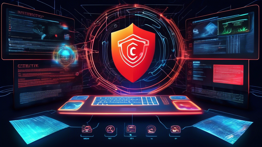 Create an image of a futuristic, high-tech computer screen displaying Comodo Internet Security Pro in action. Include holographic elements showing advanced cybersecurity features like firewalls, antivirus protection, and real-time threat analysis. The background should depict a digital world with glowing lines and symbols symbolizing interconnected networks. The overall theme should convey a sense of cutting-edge technology and robust digital protection.