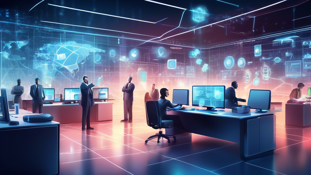 Create a digital illustration depicting a futuristic office environment where various forms of advanced security measures are visibly protecting the business's internet activities. Include elements like holographic firewalls, biometric access systems, secure data clouds, and cybersecurity avatars monitoring the network. Highlight a central figure, such as an IT professional or business leader, confidently managing these security systems, symbolizing a strong stance on internet security. Use a color palette that conveys security and technology, such as blues and silvers.