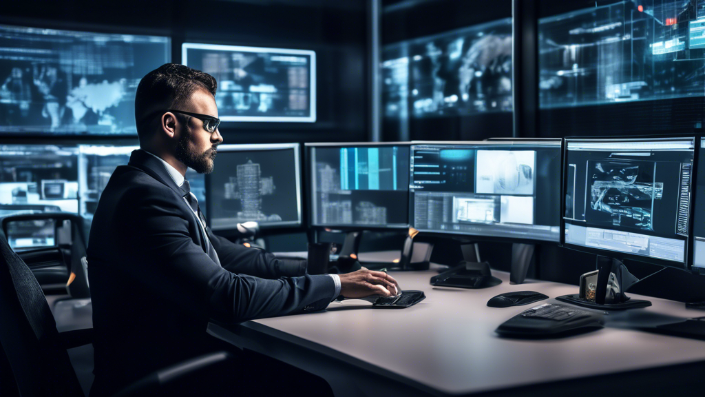 Create an image of a security professional sitting at a modern desk in a sleek, technologically advanced office. The desk is equipped with multiple high-resolution screens displaying various security systems, data analytics, and ASIS Online platform interface. The professional is intently engaging with the ASIS Online system, showcasing features like live updates, industry news, and professional development tools. The background should include elements that symbolize security and technology, such as digital padlocks, integrated circuits, and abstract representations of data flow. The overall tone should convey innovation and efficiency, highlighting the benefits and advanced capabilities of ASIS Online for security professionals.