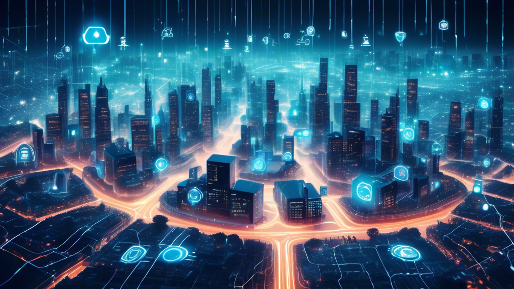 Create an image of a futuristic digital landscape symbolizing internet security: a city skyline made of interconnected glowing computer circuits, with shield-shaped buildings representing different internet security solutions. In the sky, binary code rains down, merging with the structures below, illustrating the integration of cybersecurity with everyday digital life. Include elements such as padlocks, thumbs-up, and eye symbols to represent safety, approval, and vigilance. The overall atmosphere should be one of protection and technological advancement.