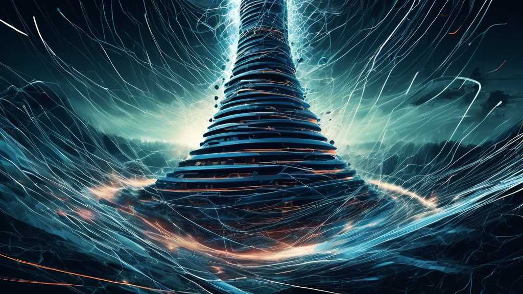 Create an illustration of a digital landscape where a website represented as a futuristic tower is under a dramatic attack from abstract, swirling data storms symbolizing DDoS attacks. The scene should convey a sense of chaos and disruption, with data streams swarming around the tower, yet the structure stands resilient amidst the onslaught, highlighting both the destructive nature and the ongoing defense against such cyber threats.